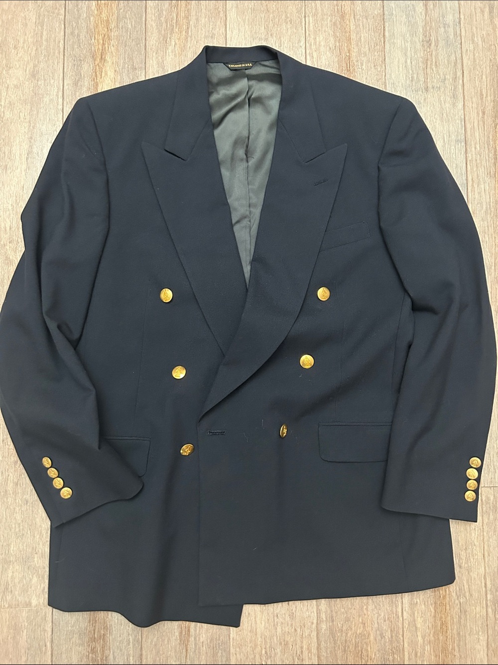 VTG Austin Reed Navy Double-Breasted Blazer with Unique Gold Buttons 41 R